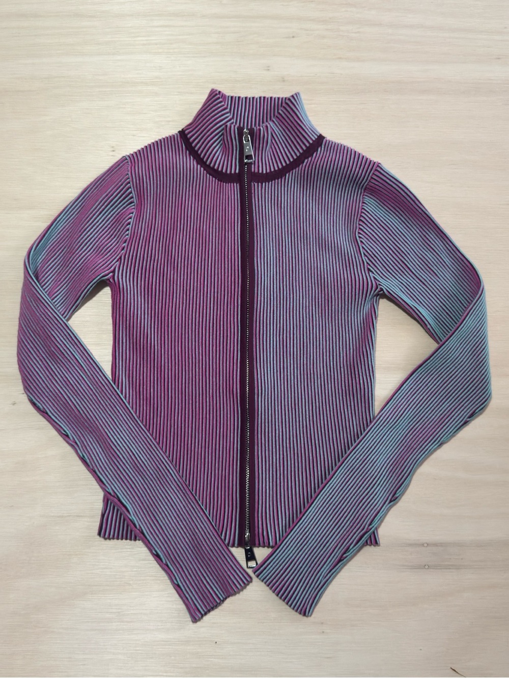 Desigual Ribbed Zip-Up Turtleneck Sweater in Purple and Teal - Picture 5 of 13